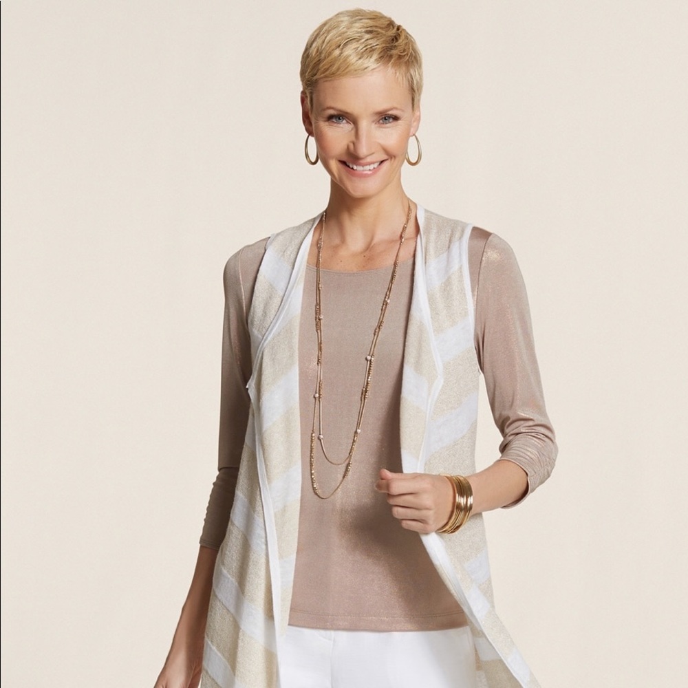 NWT $99 CHICOS TRAVELERS gold stripe knit vest 2 L